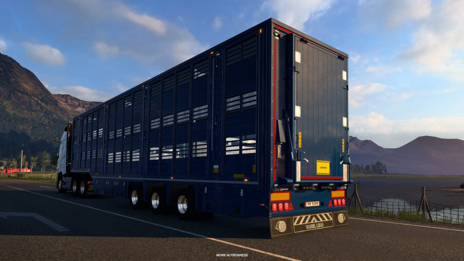 Euro Truck Simulator 2 rig hauling a reworked livestock trailer on a European highway at sunset