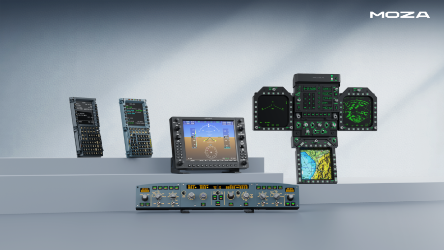 MOZA Flight Series multi-panel cockpit setup with primary flight displays and modular avionics panels mounted on a home flight simulator rig
