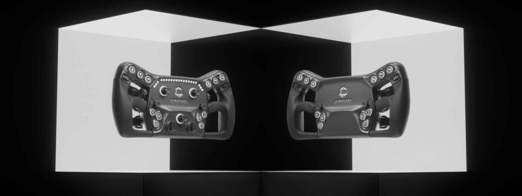 Sim racer gripping a formula-style direct drive steering wheel in a professional cockpit rig, curved monitor displaying an open-wheel race car on track