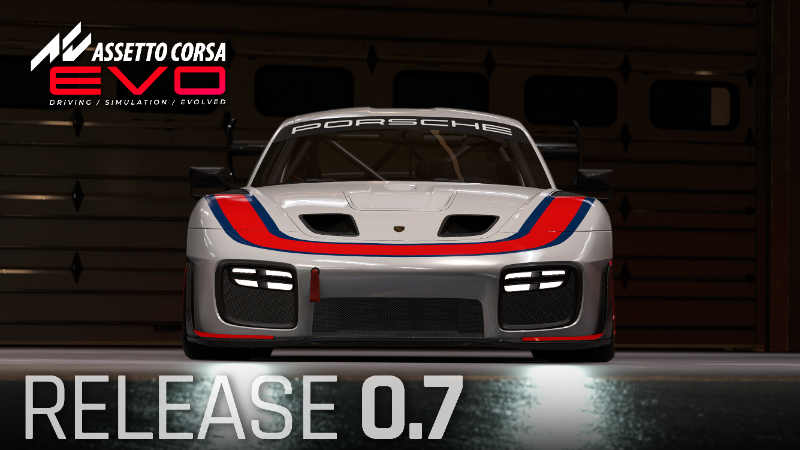 Front three-quarter action shot of a new GT car speeding through a racing circuit corner in Assetto Corsa EVO 0.7, tires under load, realistic daylight motorsport setting