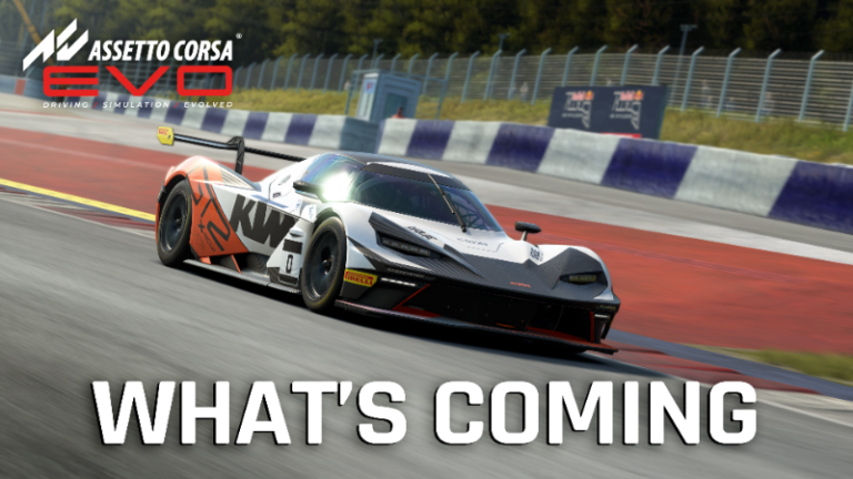 Photorealistic GT race car cornering on an asphalt circuit at sunset, representing Assetto Corsa EVO's realistic graphics update