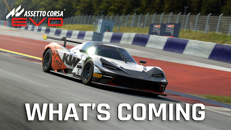 Photorealistic GT race car cornering on an asphalt circuit at sunset, representing Assetto Corsa EVO's realistic graphics update