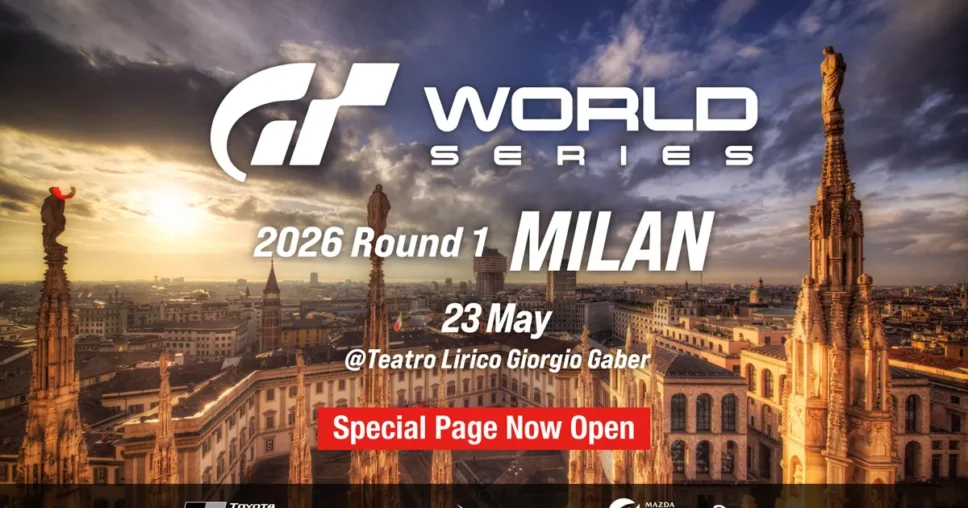 Podium ceremony at the Gran Turismo World Series 2026 Milan Nations Cup, three sim racing drivers celebrating with national flags of their countries displayed behind the stage