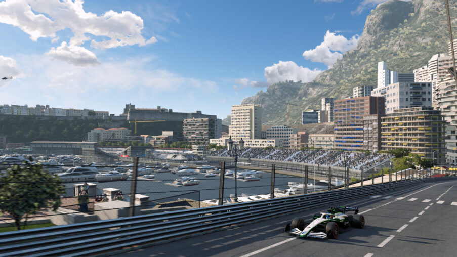 A GT3 race car cornering on an asphalt circuit at sunset, showcasing the realistic track detail featured in the Automobilista 2 V1.6.9.91 update