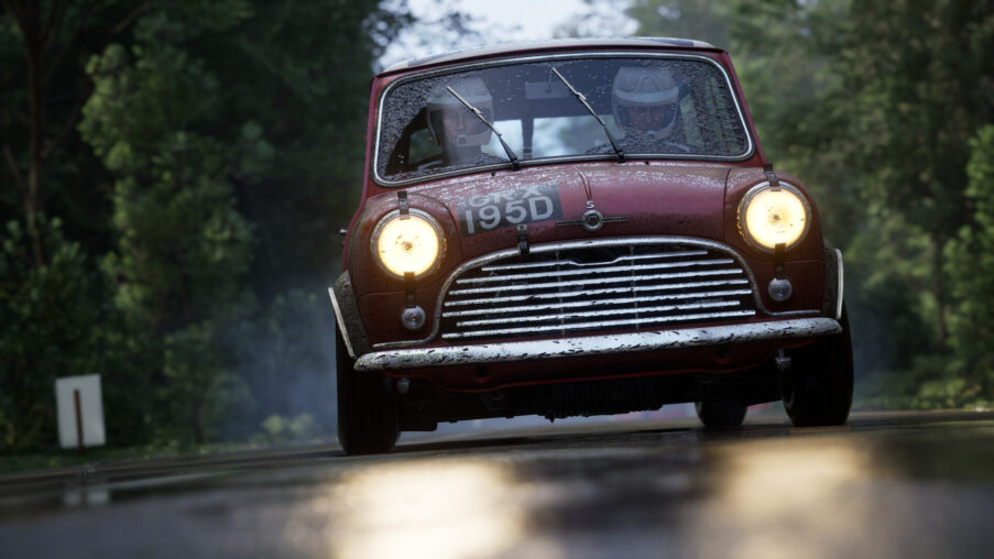 Rally car powersliding through a gravel corner with dust trail, Assetto Corsa Rally simulation screenshot