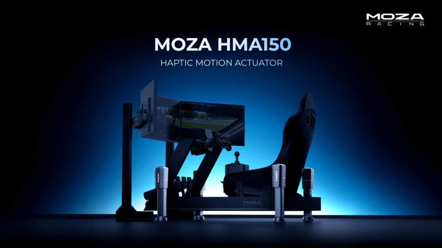 MOZA HMA150 motion system mounted beneath a sim racing cockpit rig with wheel and pedals