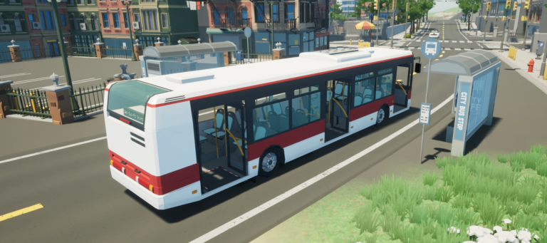 City bus driving through a Motor Town open-world street, new driveway tiles visible on the road surface, realistic daylight simulation lighting