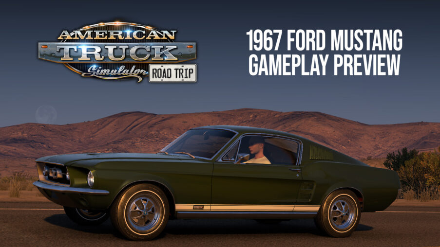 1967 Ford Mustang fastback driving on an open American highway at sunset in American Truck Simulator's Road Trip DLC