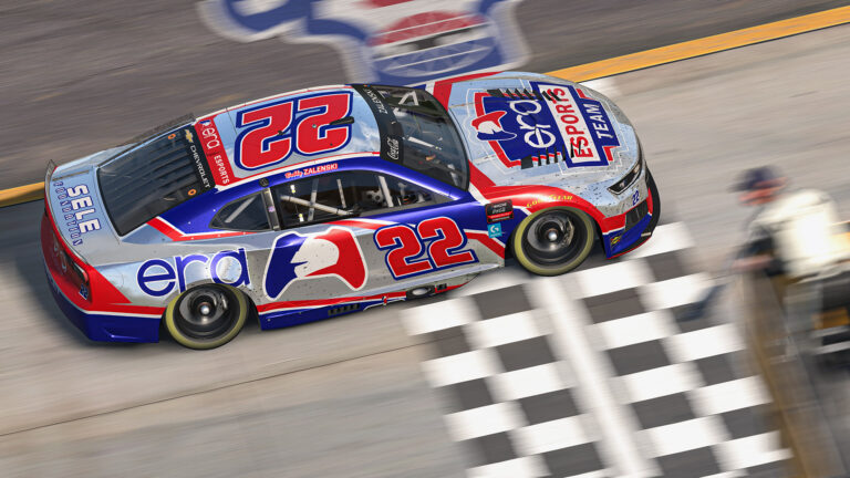 Bobby Zalenski's NASCAR stock car taking the checkered flag at Nashville Superspeedway in eNASCAR Coca-Cola iRacing Series competition