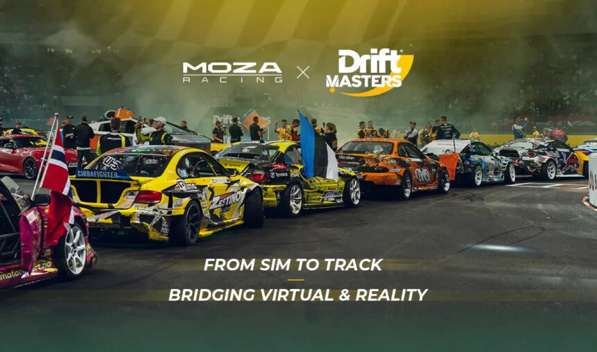 Professional drift car sliding sideways with tire smoke during a Drift Masters European Championship event, MOZA Racing branding visible on track barriers