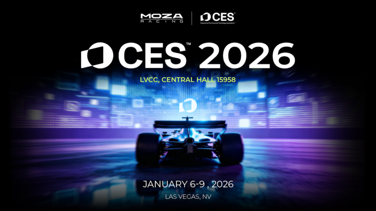 MOZA Racing Porsche Mission R steering wheel displayed on a rig mount at CES 2026, showing carbon-fiber rim and Porsche-inspired button layout under studio lighting