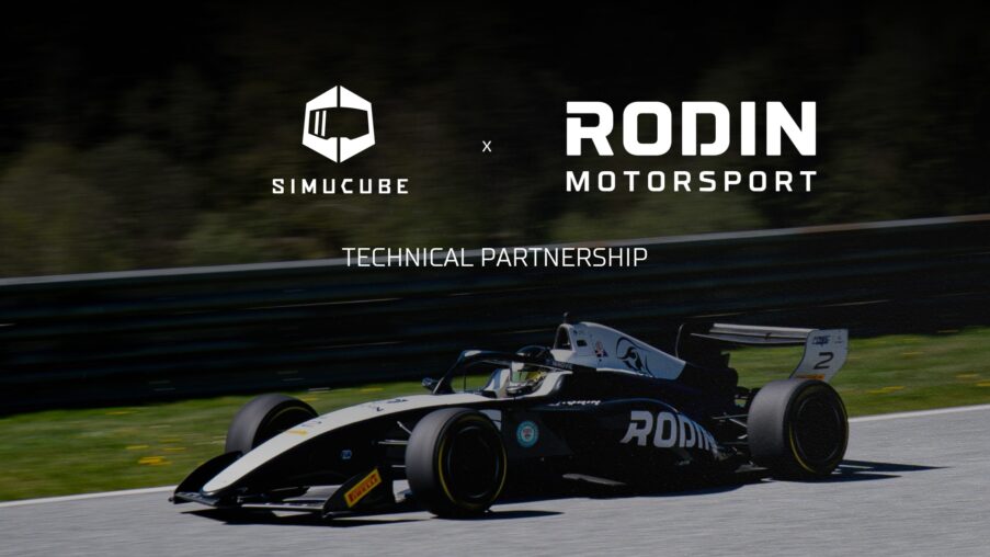 Simucube direct drive steering wheelbase and rig featuring Rodin Motorsport branding in a professional sim racing engineering setup