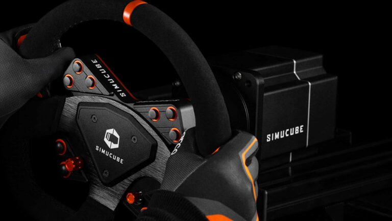 Professional racing driver in team race suit training on a Simucube direct drive sim rig with curved monitor and GT-style cockpit in a professional sim racing center