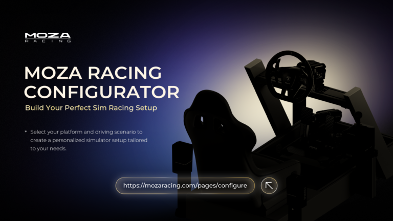 MOZA DriveCraft direct-drive wheel base, formula-style wheel rim and pedal set mounted on a sim racing cockpit rig