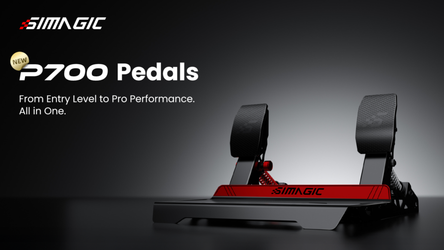 Simagic P700 load cell pedal set with throttle, brake and clutch mounted on a black sim racing rig, close-up of anodized metal pedal faces and load cell housing