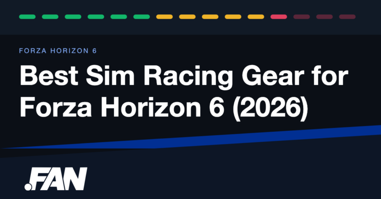 Direct-drive racing wheel, sequential shifter and load-cell pedals mounted on a cockpit rig, set up for playing Forza Horizon 6 on Xbox
