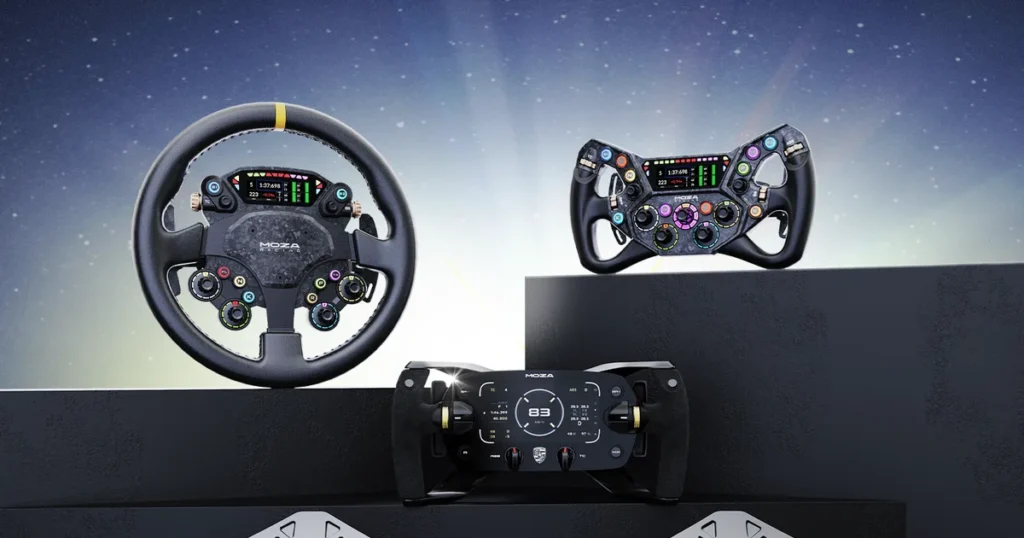 © Mozaracing — fonte: mozaracing.com MOZA AB9 flight base paired with the AY210 joystick mounted on a desktop flight simulator rig, studio lighting, no cockpit screens visible